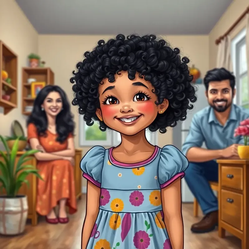 Sara, a young girl with curly black hair and colorful dress, feeling proud and happy in a clean house, surrounded by her smiling parents, radiant atmosphere, cheerful environment, illustration, high quality