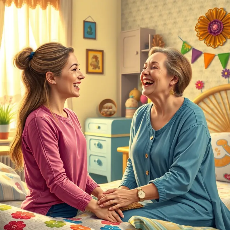 Sara helping her mother cleaning the bedroom, both laughing together, bright room with colorful decorations, joyful mood, detailed, warm light, digital art, engaging, high quality
