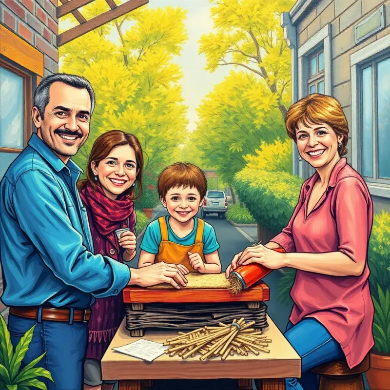 Sara’s family working together happily, with smiles all around, bright sunny day outside, colorful surroundings, illustration, lively and optimistic, high quality