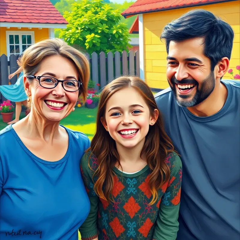 A portrait of Sara smiling with her parents in a joyful scene, all having fun playing outside, colorful yard, cheerful atmosphere, digital art, vibrant, high quality