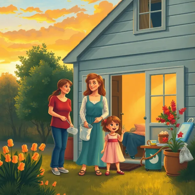 A cozy family scene with Sara and her parents enjoying their time together outside after cleaning the house, warm sunset, inviting atmosphere, illustration, high quality