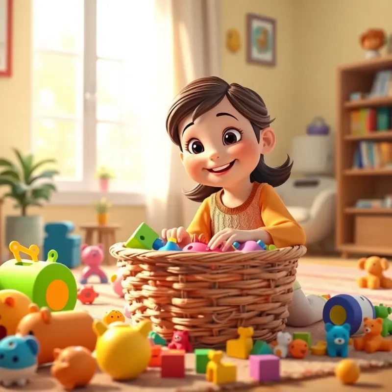 Maryam happily organizing toys into a basket, colorful toys scattered around, cheerful living room, light streaming in through a window, her smile radiating joy, digital art, vibrant colors, child-friendly environment, high quality