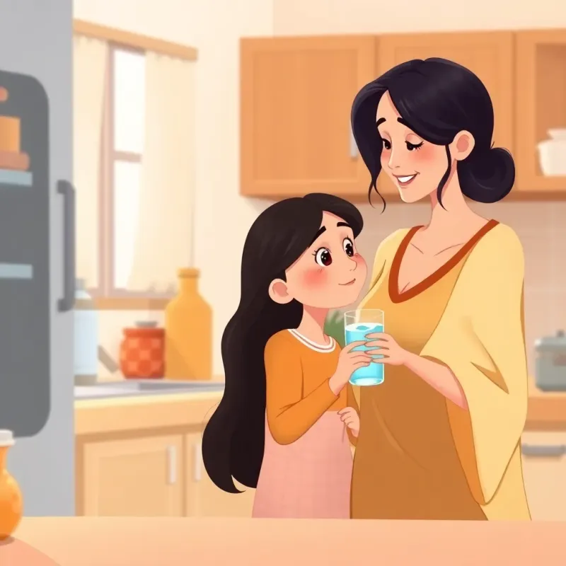 Maryam, a little girl with long black hair, asking her mother if she wants some water, her mother smiling back at her with appreciation, kitchen scene, warm and inviting colors, illustration, cozy and heartwarming