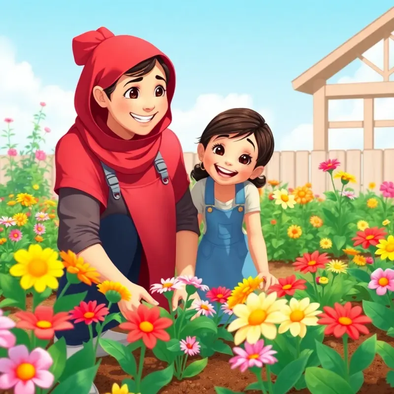 Maryam helping her father in the flower garden, both of them smiling while planting flowers, garden filled with colorful plants, sunny day, illustration, vibrant colors, joyful interaction, high quality