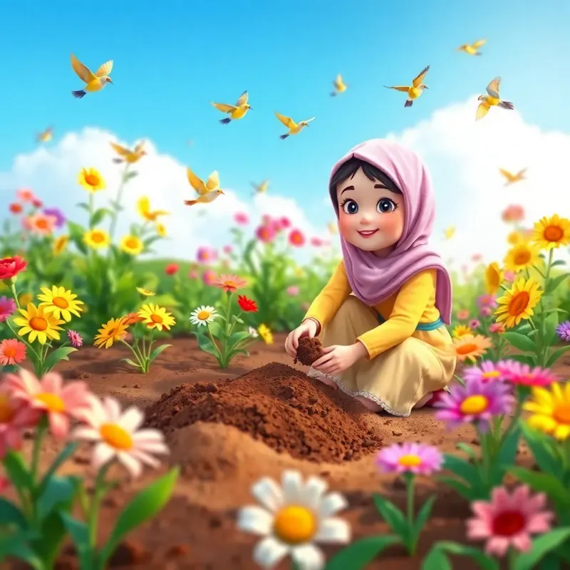 Maryam digging soil and planting flowers in a garden, surrounded by singing birds, bright blue sky, colorful flowers, cheerful atmosphere, digital art, uplifting, child-friendly, high quality
