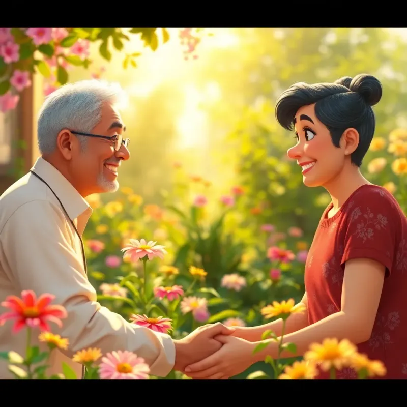 Maryam's father appreciating her work in the garden, a proud smile on his face, bright garden scene, flowers blooming, warm sunlight, digital painting, heartwarming quality, inviting