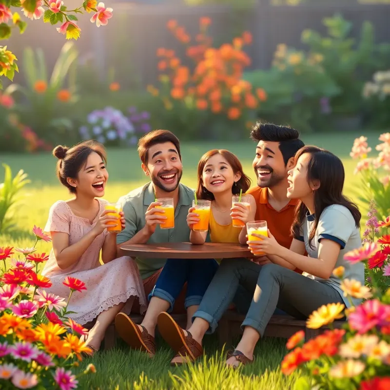 The family sitting together in the garden, enjoying refreshing drinks, laughter and joy on their faces, outside amidst colorful flowers and green grass, digital art, warm colors, happy family scene, high quality