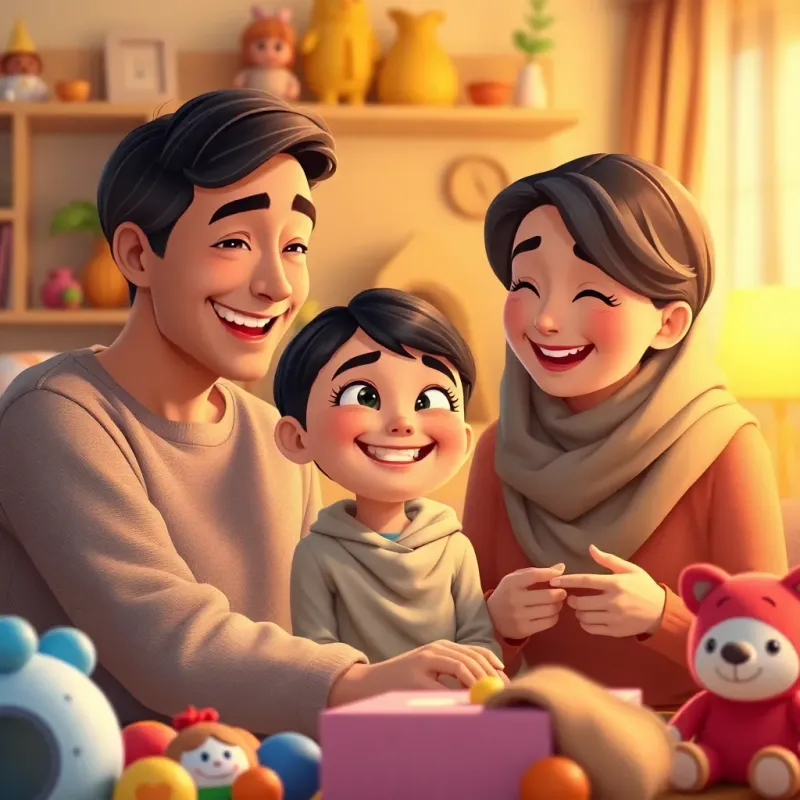 Maryam feeling happy that her efforts made her parents smile, her face radiating joy, cozy home atmosphere, surrounded by toys and the warmth of family love, digital art, inviting and wholesome, high quality