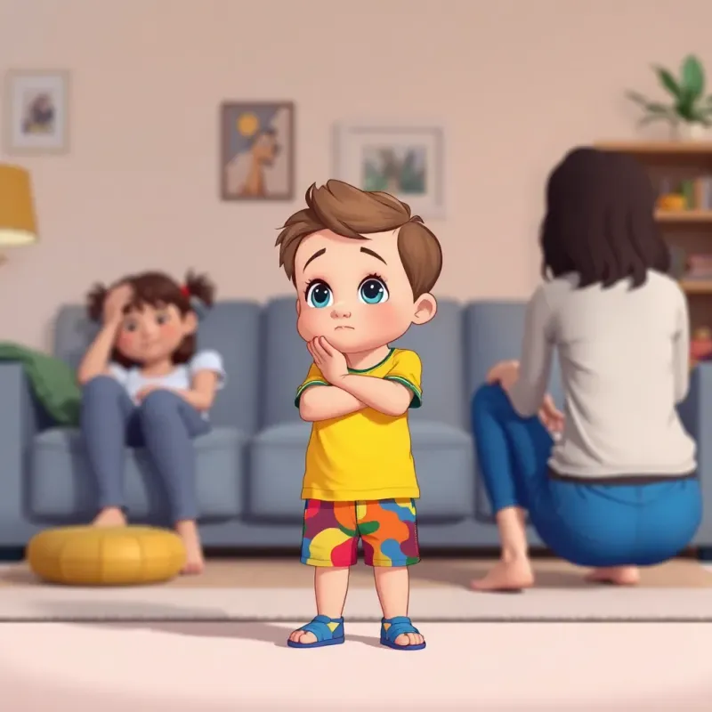 A young child observing tired parents with a thoughtful expression, wearing a bright t-shirt and colorful shorts, a cozy living room background, illustration, cheerful, child-friendly, high quality