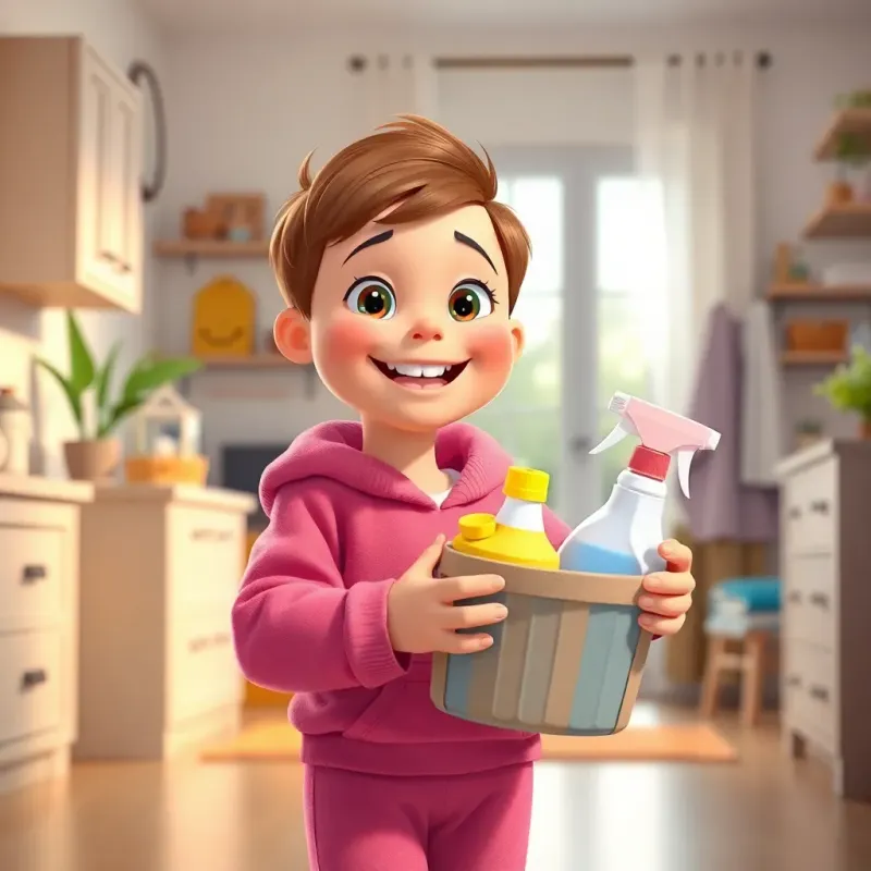 The child helping parents by bringing cleaning supplies, smiling brightly, dressed in comfy clothes, a clean and organized house as the background, digital art, vibrant colors, warm light, high quality