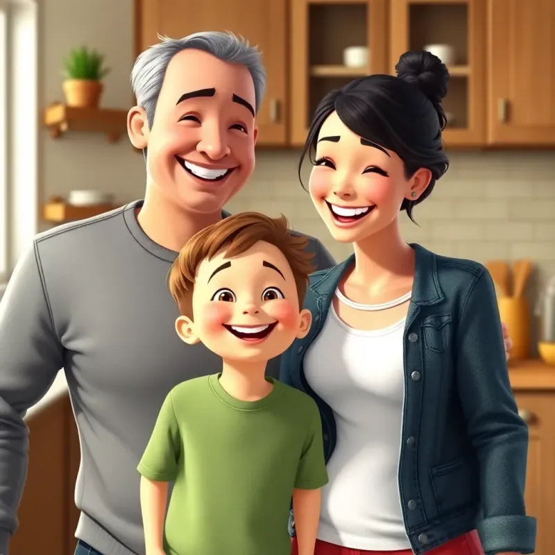 The parents smiling at the child with joy, both wearing casual clothes, kitchen background, family atmosphere, digital art, happy expressions, colorful, high quality