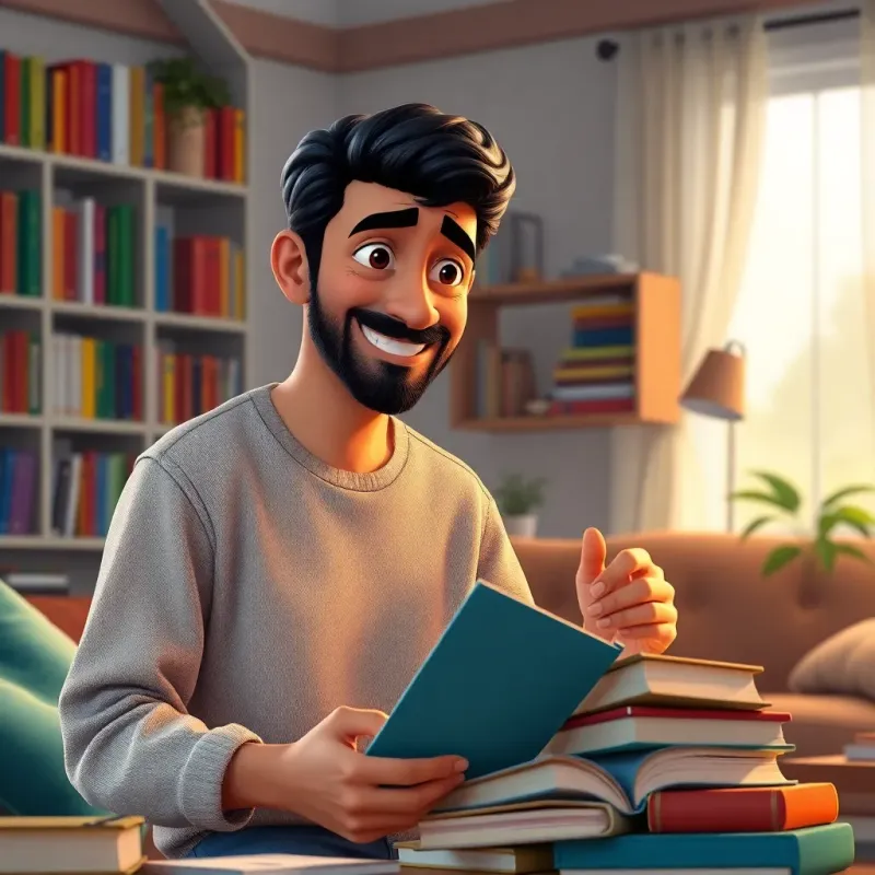 A father, Middle-Eastern, looking tired yet happy, organizing books in a cozy living room, colorful shelves, soft lighting, engaging scene of teamwork, digital art, inviting