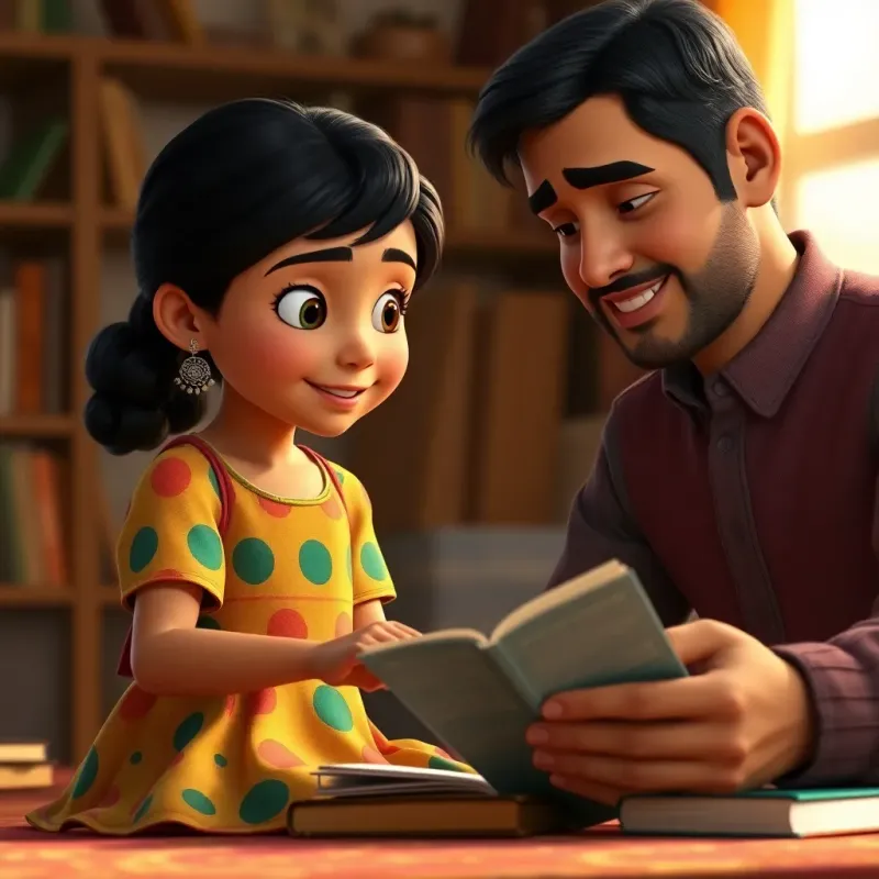Leila, a young girl, with dark hair in a colorful dress, asking her father about storytelling while organizing books, family love, warm lighting, cheerful atmosphere, realistic