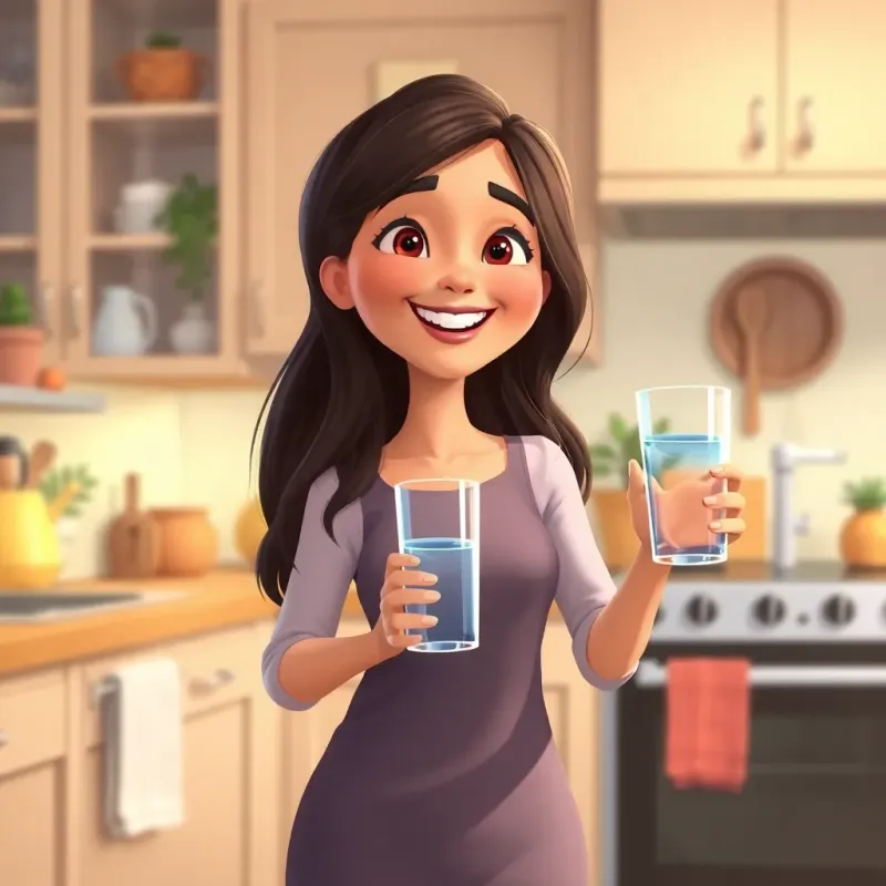 Leila returning from the kitchen with a glass of water, cheerful expression, in a homey kitchen setting, nurturing and caring, warm colors, inviting scene, illustration