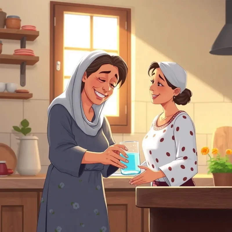 A smiling tired mother receiving water from Leila in the kitchen, showing love and appreciation, warm sunlight pouring in through the window, heartwarming scene, digital drawing