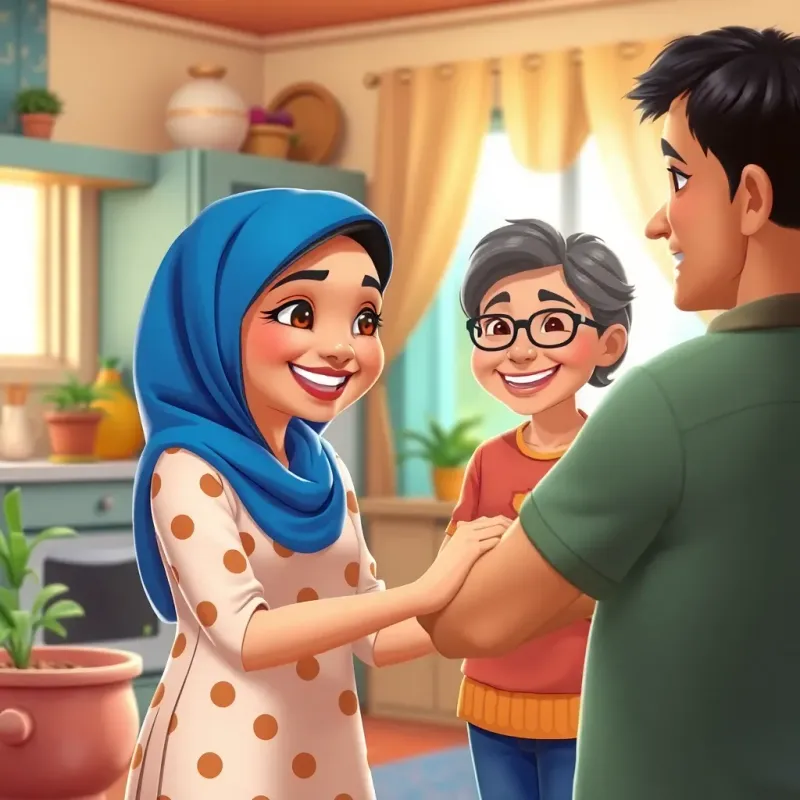 Leila helping her parents with a cheerful smile, in a lively and colorful home environment showing a sense of teamwork, warm and inviting home atmosphere, digital art, family love