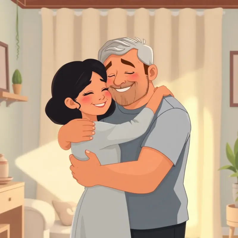 A loving embrace between Leila and her father in a cozy room, showing bonding and warmth after a day of cleaning, soft light, gentle colors, heartwarming family scene, illustration