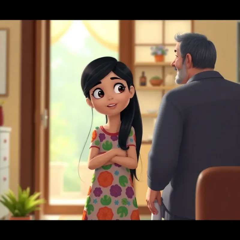 Maryam, a young girl with long black hair in a colorful dress, offering help to her father while he cleans, father smiling back at her, bright indoor scene, heartwarming, vibrant colors, storytelling view, high quality