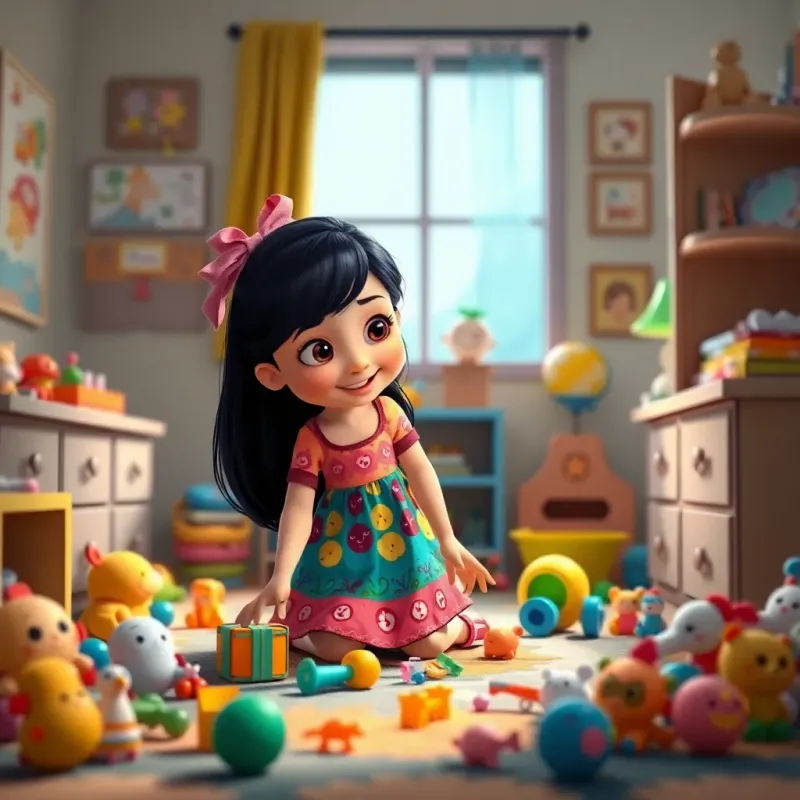 Maryam, a young girl with long black hair in a colorful dress, happily cleaning toys in a room, focused on making it tidy, scattered toys around her, cheerful, bright colors, joyful atmosphere, high quality