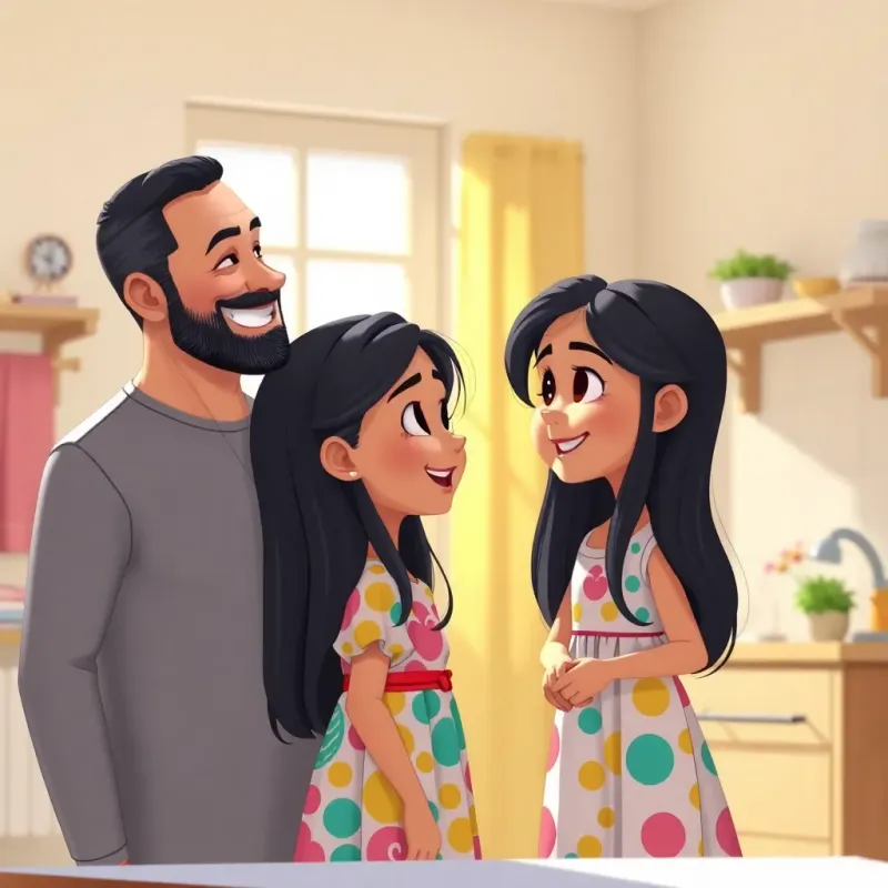 A proud father smiling at Maryam, a young girl with long black hair in a colorful dress, seeing her finishing her cleaning work, bright room filled with sunshine, happy mood, family love, high quality