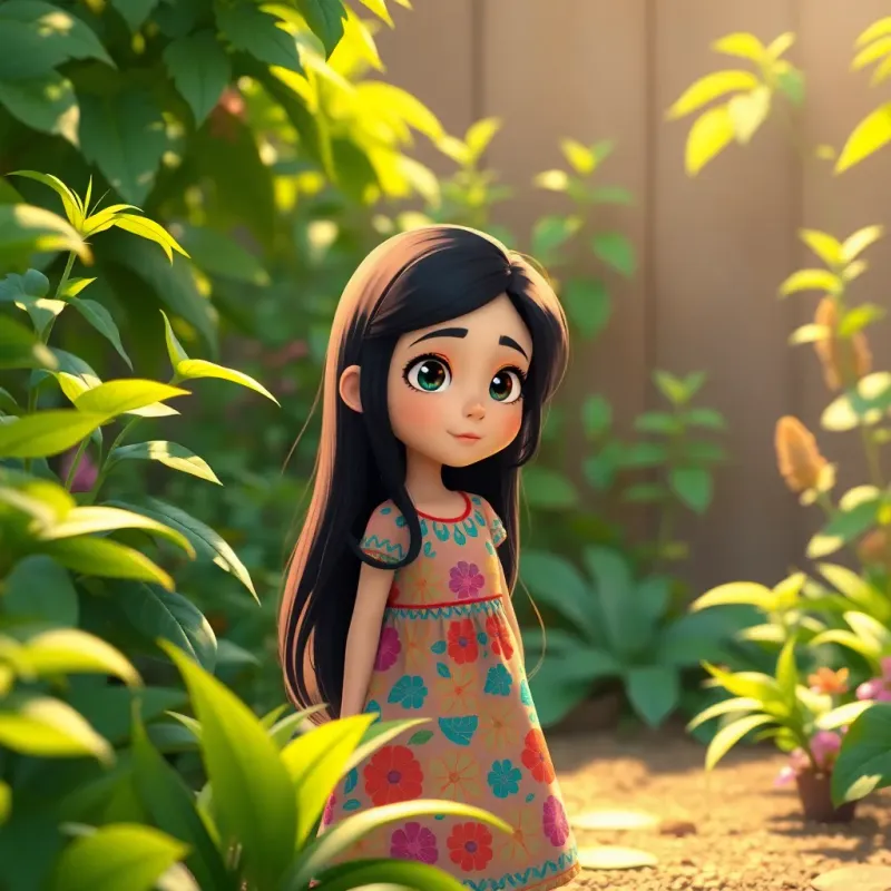 Maryam, a young girl with long black hair in a colorful dress, seeking her mother in the garden, lush green plants around her, sunlight glowing, cute and inviting scene, warm lighting, illustration, high quality