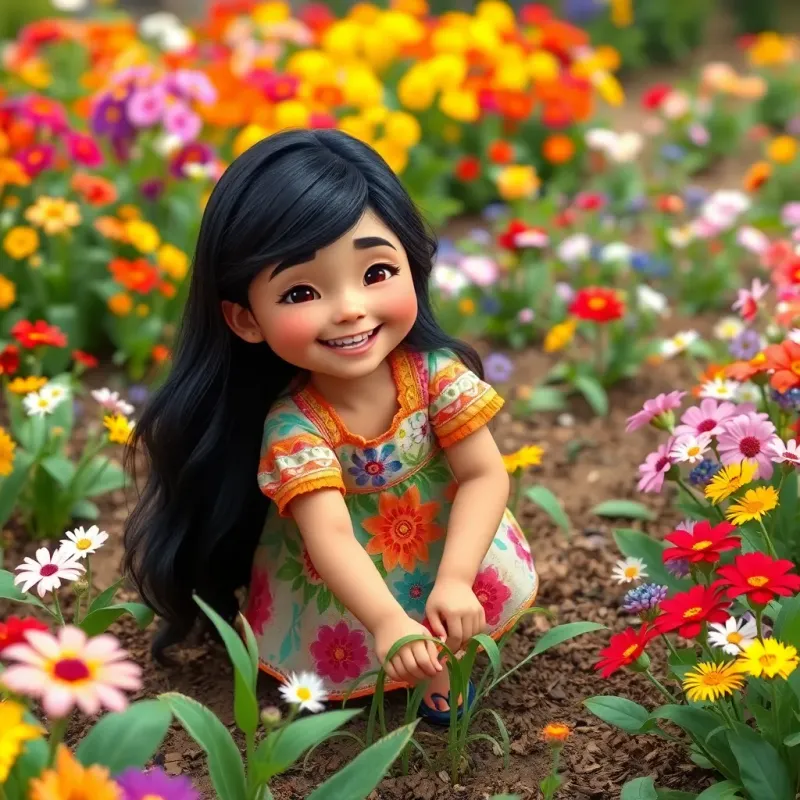 Maryam, a young girl with long black hair in a colorful dress, pulling out weeds in a colorful garden filled with flowers, joyful expression, vibrant colors, nature's beauty, delightful scene, high quality