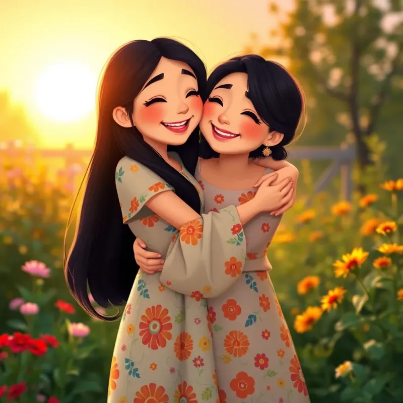 Maryam, a young girl with long black hair in a colorful dress, embracing her mother in the garden as they enjoy their day together, love and happiness radiating, bright sunset in the background, heartwarming scene, high quality