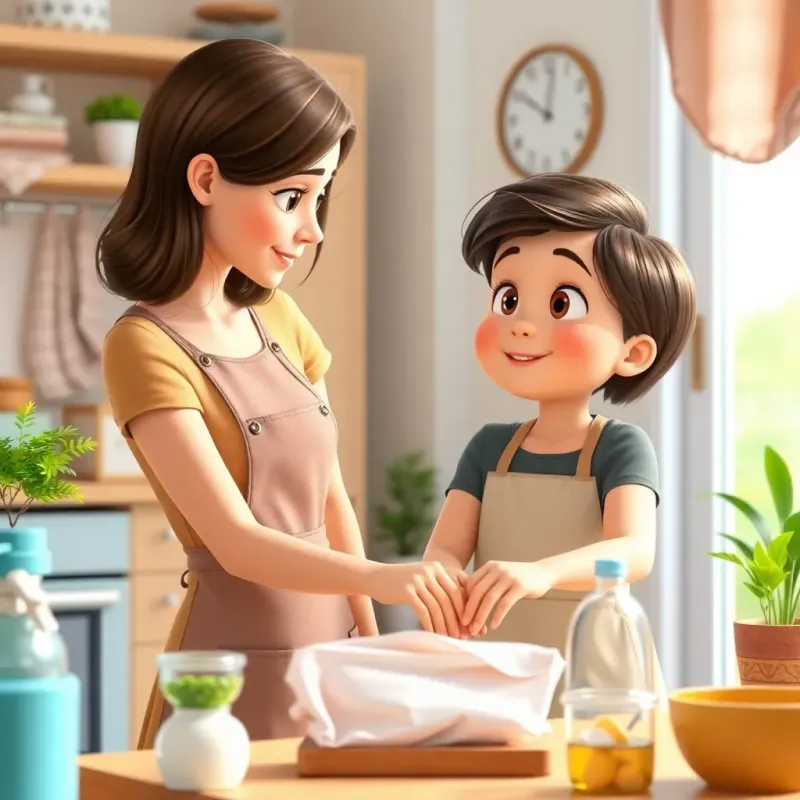 A child helping their parents by arranging items in the house, focused on the task, wearing an apron, bright and encouraging environment, fresh colors, high quality