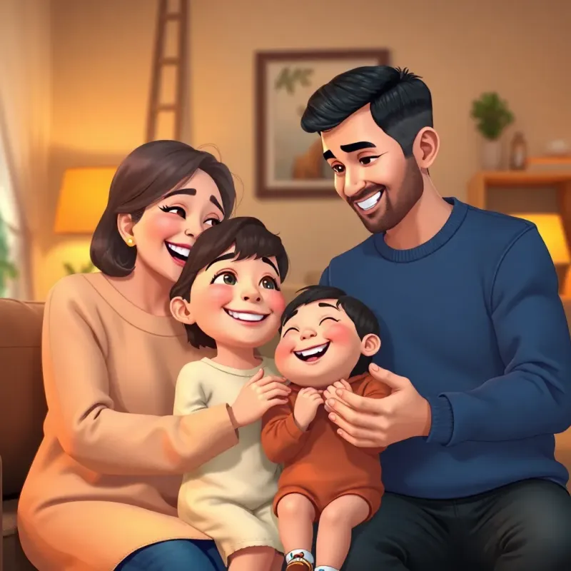Parents smiling at their child, expressing gratitude, the child beaming with happiness, cozy living room, warm tones, family love, heartwarming moment, high quality