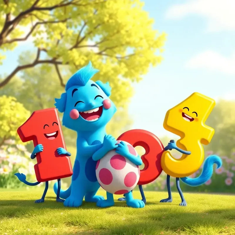 Semsem the number character, playing with friends who are numbers one, two, and three, they are laughing and forming shapes, joyful expressions, sunny day, background with trees and flowers, playful and fun theme
