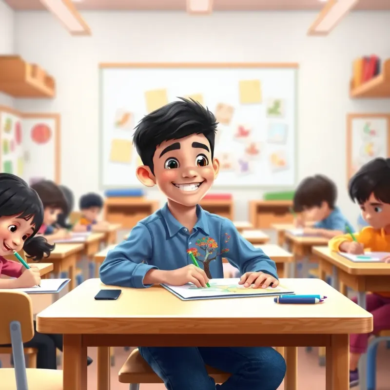 A young Arab boy, Salar, with short black hair, wearing a blue shirt and jeans, sitting at his art desk in school, smiling and drawing a colorful tree with birds, other children around him also drawing, vibrant classroom, joyful moment, digital illustration, warm colors, engaging scene, high quality