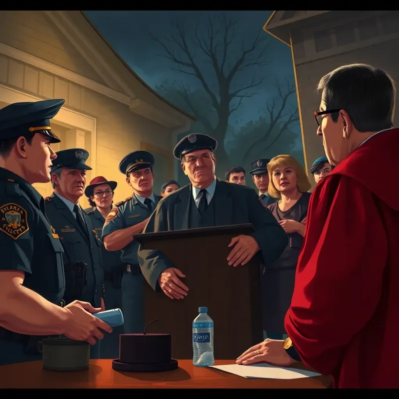 A tense moment with police and a judge interacting with worried neighbors, showcasing a sense of urgency and community concern, digital illustration, vivid scene, realistic details, dramatic lighting, high quality