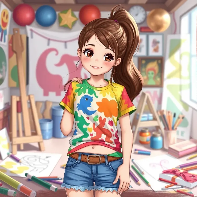 Layla, a young girl with brown hair in a ponytail, wearing a colorful t-shirt and denim shorts, pulling out her drawing tools, vibrant colors, art supplies scattered around, cheerful setting, digital illustration, detailed