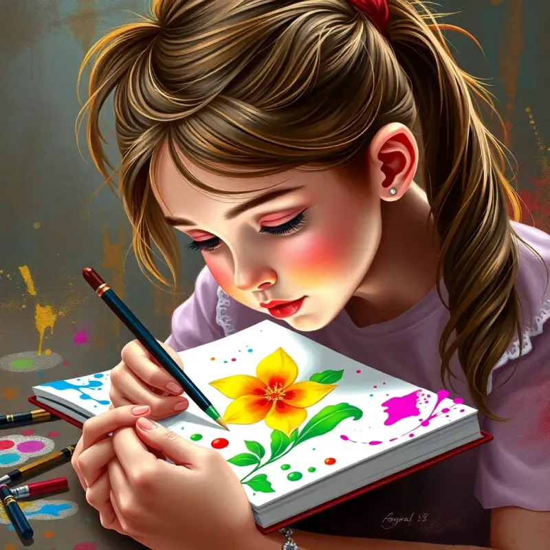 Layla, a young girl with brown hair in a ponytail, deep in concentration as she paints a lively flower on her notebook, colors splattered around, bright and engaging, digital art, vivid colors, high quality