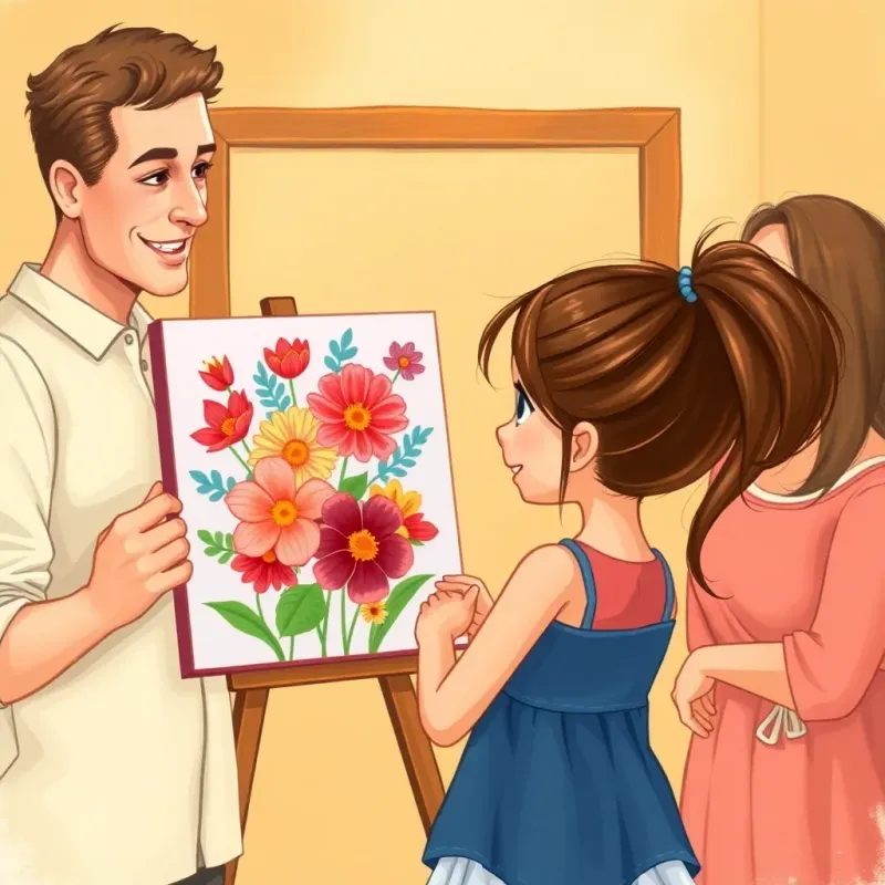 Layla, a young girl with brown hair in a ponytail, displaying her colorful flower painting to her friends and family, who are smiling and giving her compliments, warm colors, friendly atmosphere, digital illustration, vibrant quality