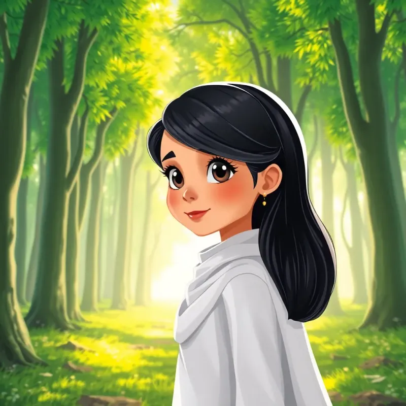 A young Arab girl, Q, with shiny black hair, wearing a white abaya, entering a lush green forest with tall emerald trees, bright sunlight, magical environment, illustration, inviting