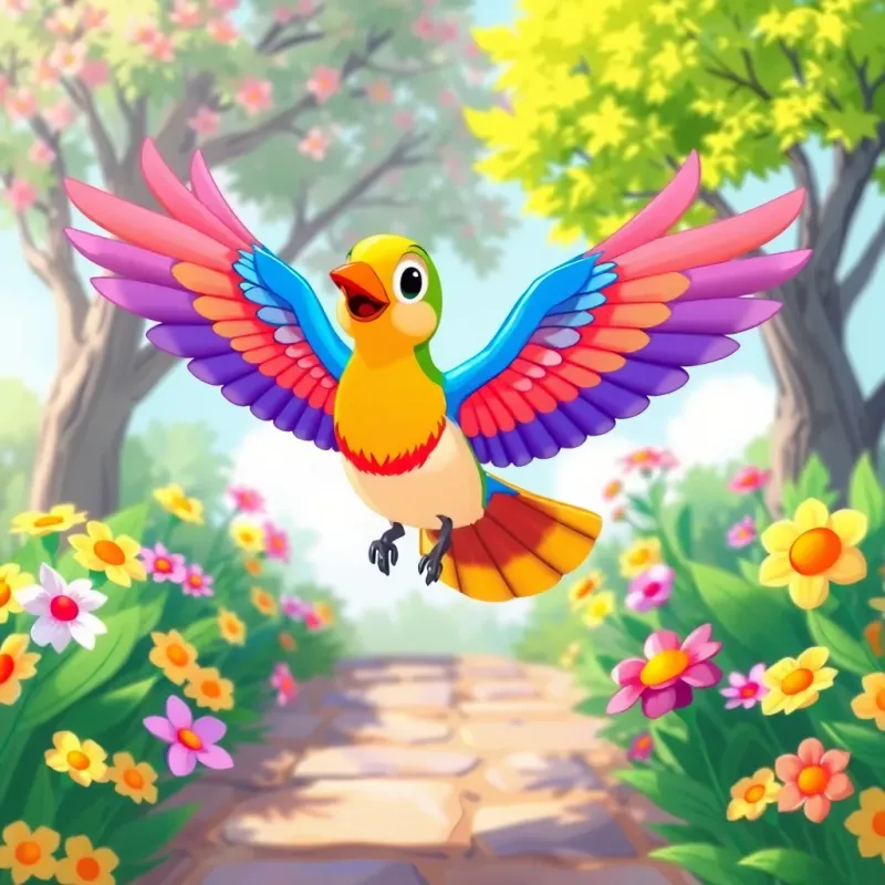 A colorful bird flying toward Q with its wings wide open, surrounded by beautiful flowers and trees, illustration, cheerful and friendly style, bright colors, delightful scene