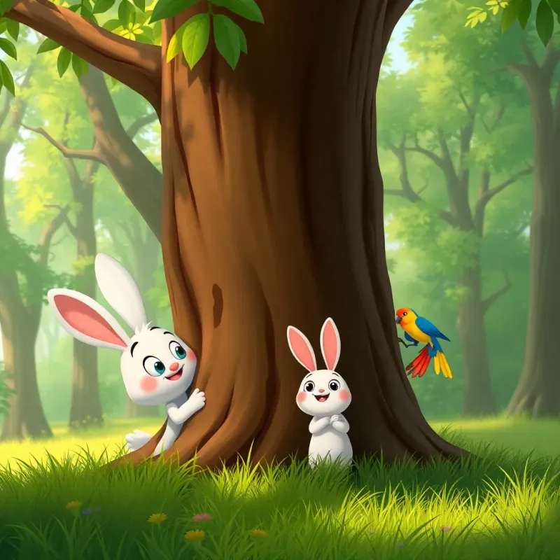 A playful scene with Q, a small bunny, and a colorful bird playing hide and seek behind a big tree, lush green forest, playful tones, joyful mood, illustration