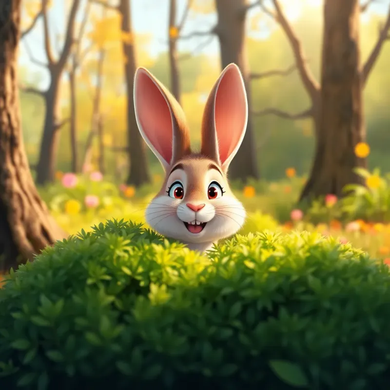 A small rabbit hiding behind a bush in a sunny forest, playful expression, bright colors, nature-filled background, fun and engaging view, detailed art