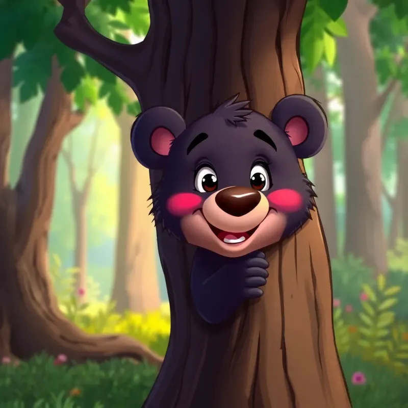 A curious little bear peeking from behind a tree, looking friendly, with a playful smile, vibrant forest background, colorful character and expressive scene, illustration