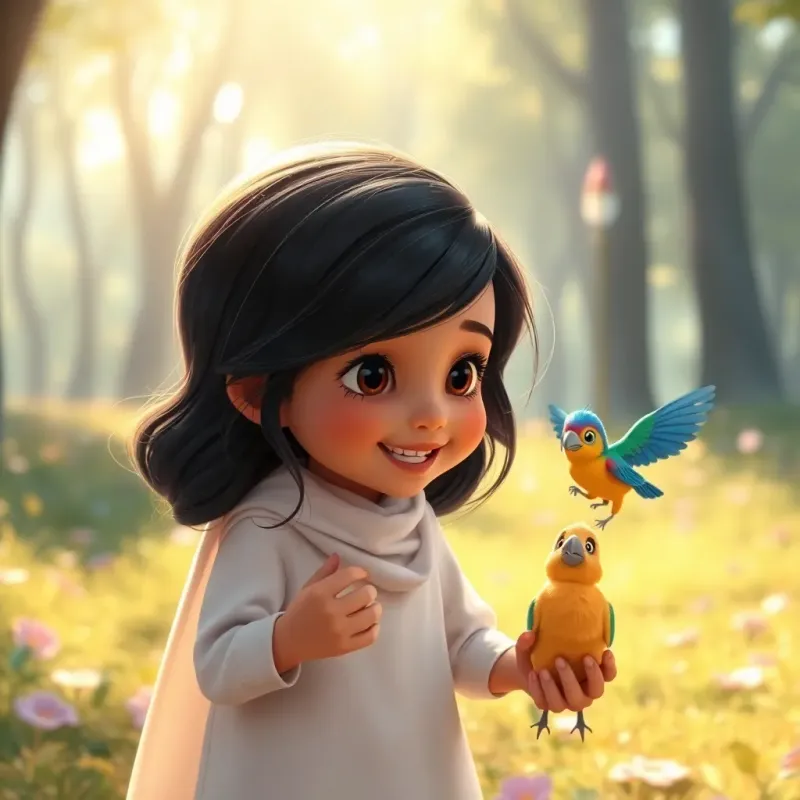 A young Arab girl, Q, with shiny black hair, wearing a white abaya, playing with a small bunny and a colorful bird in a sunlit forest, joyful vibe, harmonious atmosphere, digital art