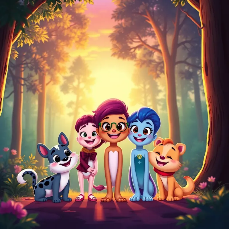 A bright sunset in the forest with Q and her friends smiling together, vibrant colors, warm light, heartwarming scene, cheerful and happy illustration