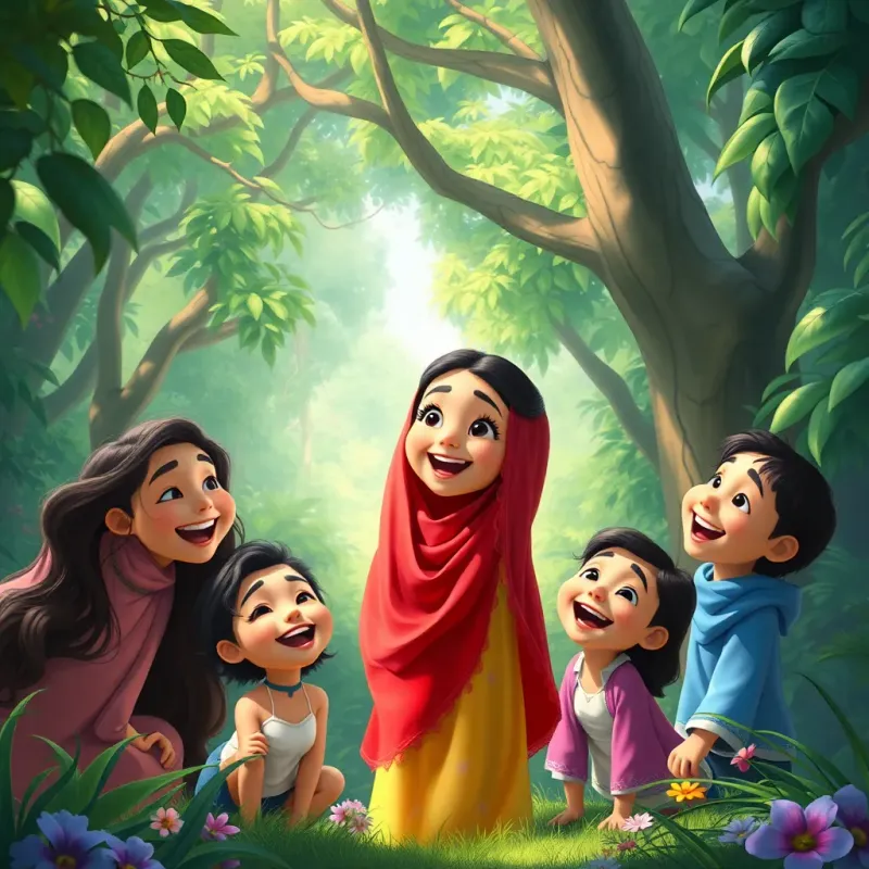 A young Arab girl, Q, surrounded by her friends in a lush green forest, all laughing together, colorful scenery, joyful and magical atmosphere, digital painting
