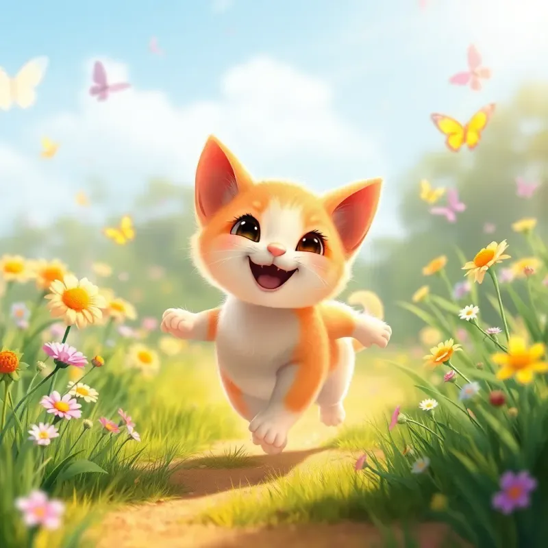 A playful small cat, Layla, with short, fluffy fur, running joyfully in a sunlit clearing, surrounded by butterflies and flowers, illustration, bright and happy, child-friendly, high detail