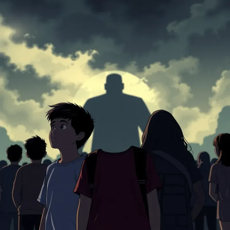 A young boy, Younes, standing with friends, looking scared as they see a giant silhouette in the distance, people in panic, illustration, dark and dramatic, capturing fear, high quality