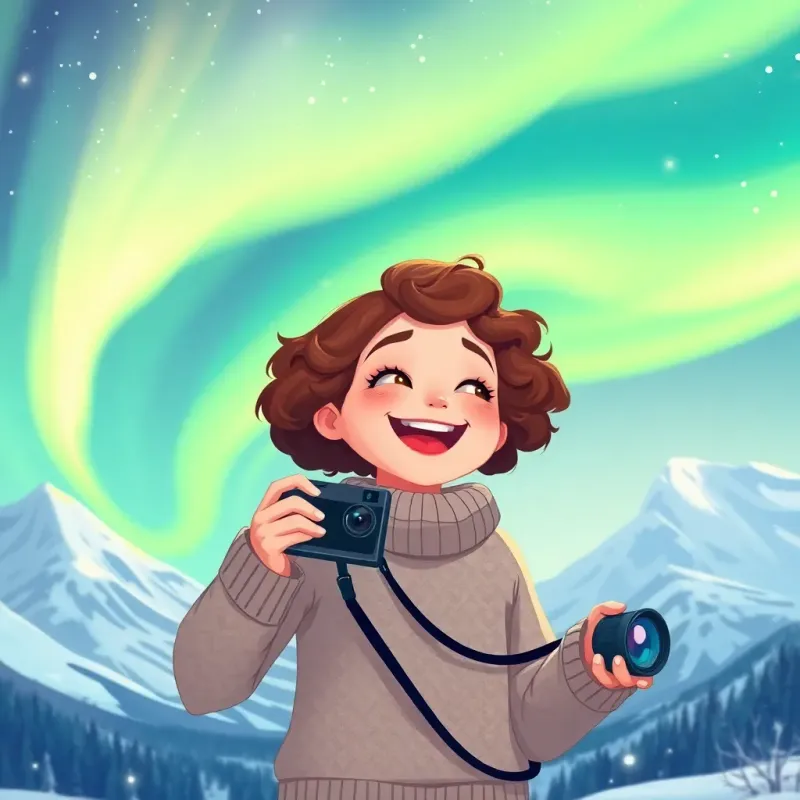 A breathtaking display of the northern lights in the sky, a young girl named Rana with curly brown hair in a cozy sweater laughing joyfully, capturing the moment with a camera, surrounded by snow-covered mountains, illustration, cheerful, magical vibe, child-friendly