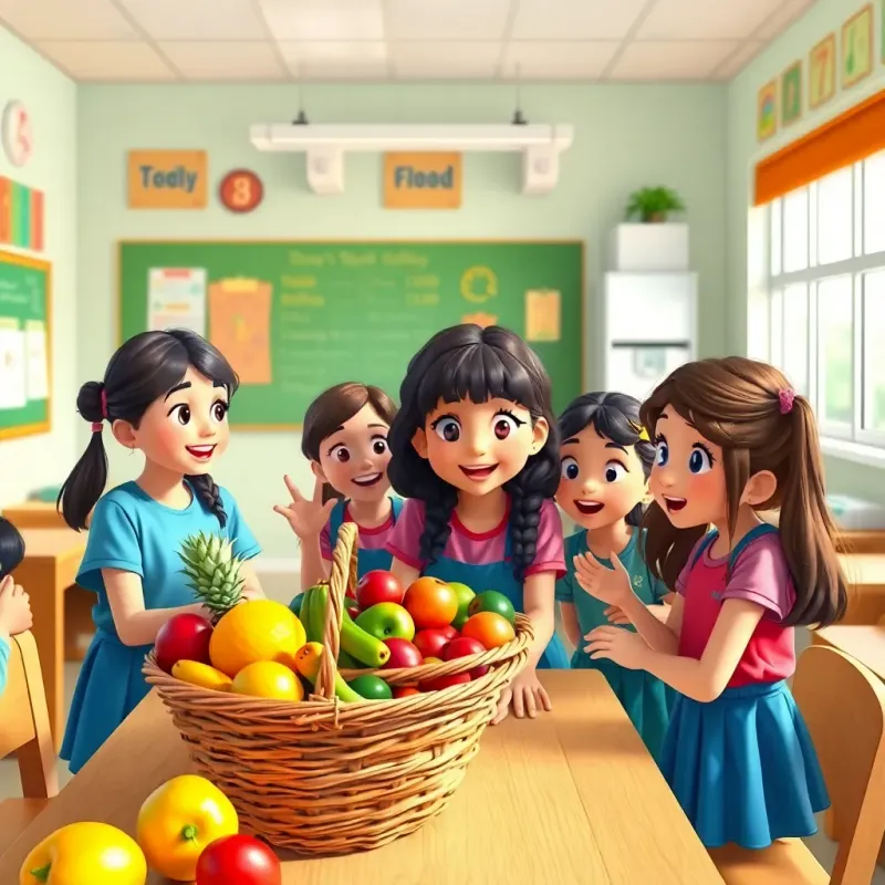 A vibrant classroom filled with sixth grade girls gathered around a table, excitedly observing a large basket of fruits, emphasizing the importance of healthy food, child-friendly, bright colors, cheerful atmosphere