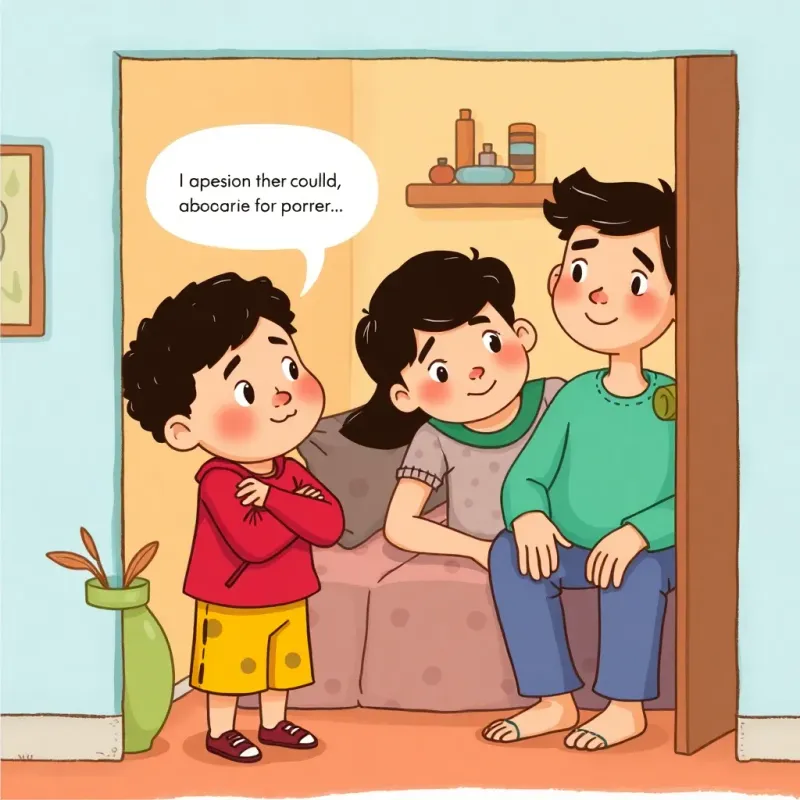 A thoughtful child, Samy, observing his tired parents from a corner, feeling responsible, home environment, friendly, supportive, illustration, cheerful, lively