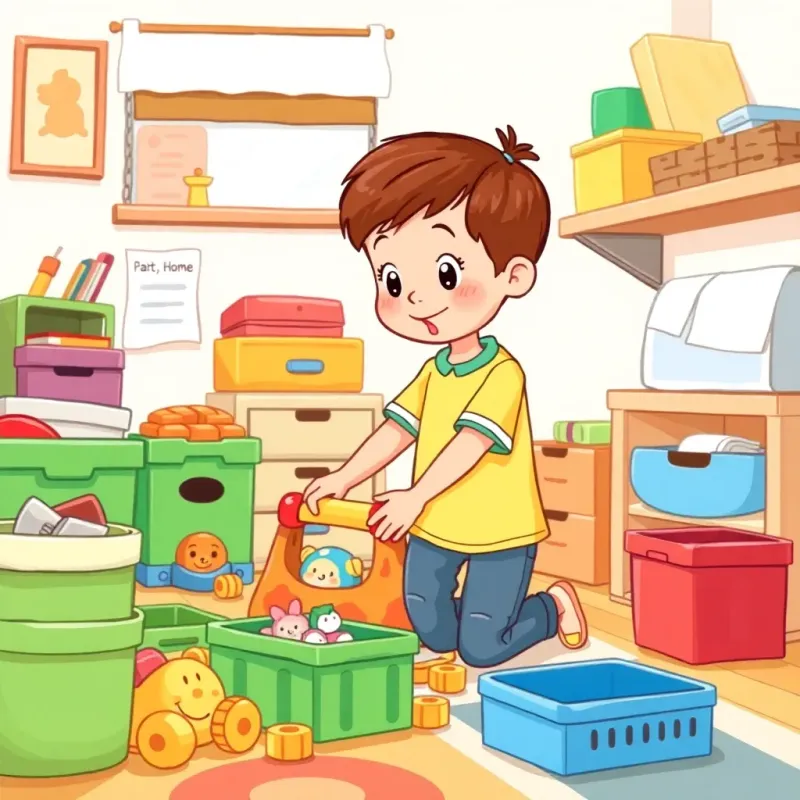 A child helping with chores, picking up toys, organized room, bright colors, engaging, dynamic scene, cute, child-friendly