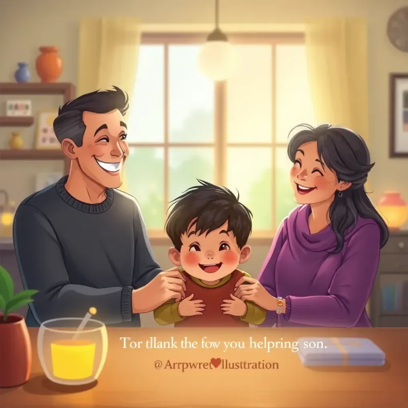 Happy parents smiling at their son, thanking him for his help, warm home setting, glowing lights, cheerful atmosphere, heartwarming family moment, digital painting